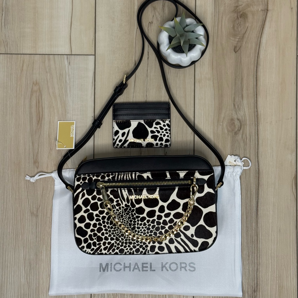 3pcs Michael Kors Ew Chain Crossbody Bag, Large Card Holder & Dust Bag Nwt Black